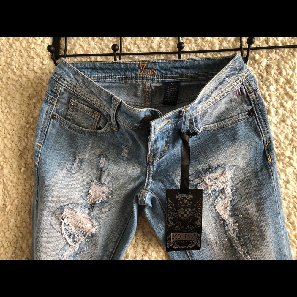 ZCO Premium Distressed Flare Jeans Womens Rhinestone Ripped Y2K Bootcut